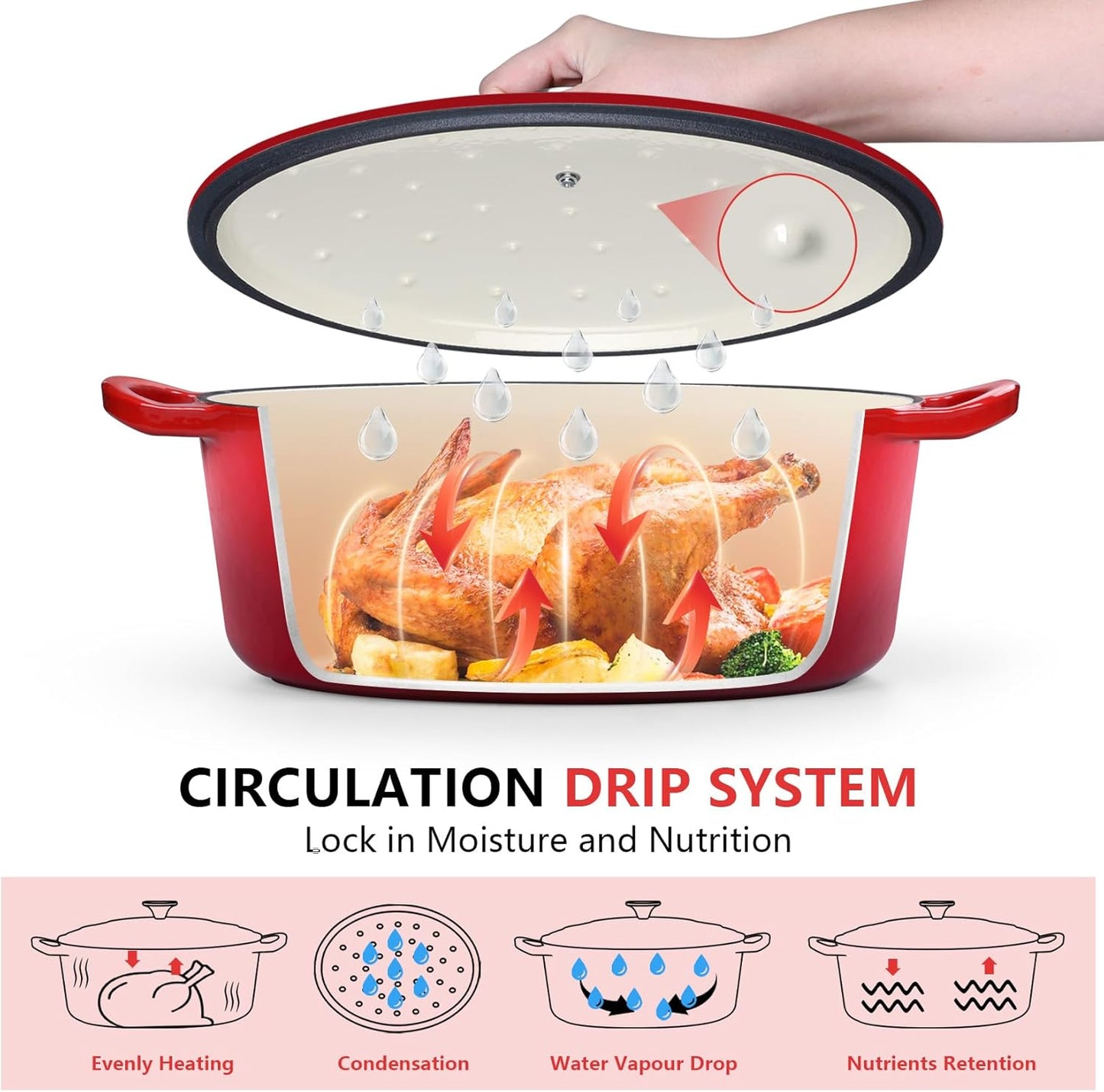 Oval Dutch Oven with Lid, Enameled Cast Dutch Oven Pot for Bread Baking, Braising, Stewing, Roasting, Non-Stick & Oven Safe, Dual Handles & Easy Clean, 5QT & Red