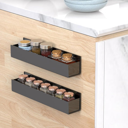 Adhesive Acrylic Spice Rack with Nano Double Sided Tape Wall Mount Organizer, Black Wall Spice Rack with Shelf Ends for Kitchen Cabinet Door - 2 Pack 12‘’ Shelves