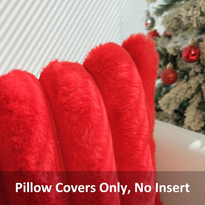 Pack of 2 Faux Fur Plush Decorative Christmas Red Throw Pillow Covers Couch Cushion Case Soft Fluffy Pillowcases Wide Stripe (Red, 18 X 18 Inch)