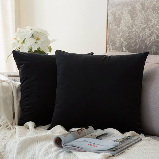 Velvet Throw Pillow Covers 18x18 Inches, Set of 2 - Black, Luxuriously Soft Decorative Cushion Cases for Modern Home Decor, Ideal for Sofa, Couch, Bed, and Chair with Invisible Zipper