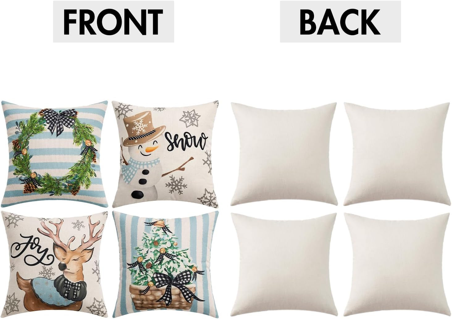 Set of 4 Holiday Blue Decorative Pillow Covers 16X16 Inch Snowman Elk Merry Christmas Throw Pillow Cases Winter Seasonal Cushion Cases Home Decors for Sofa Couch Bedroom