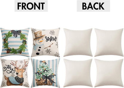 Set of 4 Holiday Blue Decorative Pillow Covers 16X16 Inch Snowman Elk Merry Christmas Throw Pillow Cases Winter Seasonal Cushion Cases Home Decors for Sofa Couch Bedroom