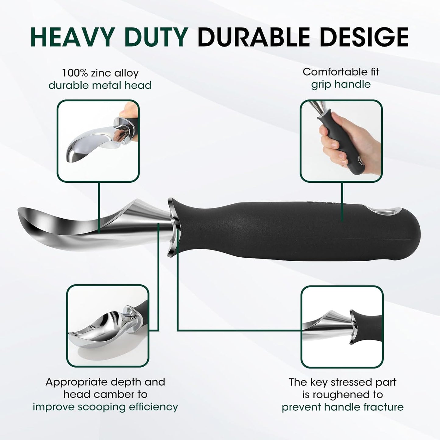 Heavy Duty Ice Cream Scoop - Upgraded Anti-Fracture Design, Comfortable Grip Long Handle, Effortless Scooping & Dishwasher Safe, Black
