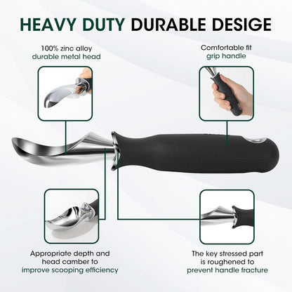 Heavy Duty Ice Cream Scoop - Upgraded Anti-Fracture Design, Comfortable Grip Long Handle, Effortless Scooping & Dishwasher Safe, Black