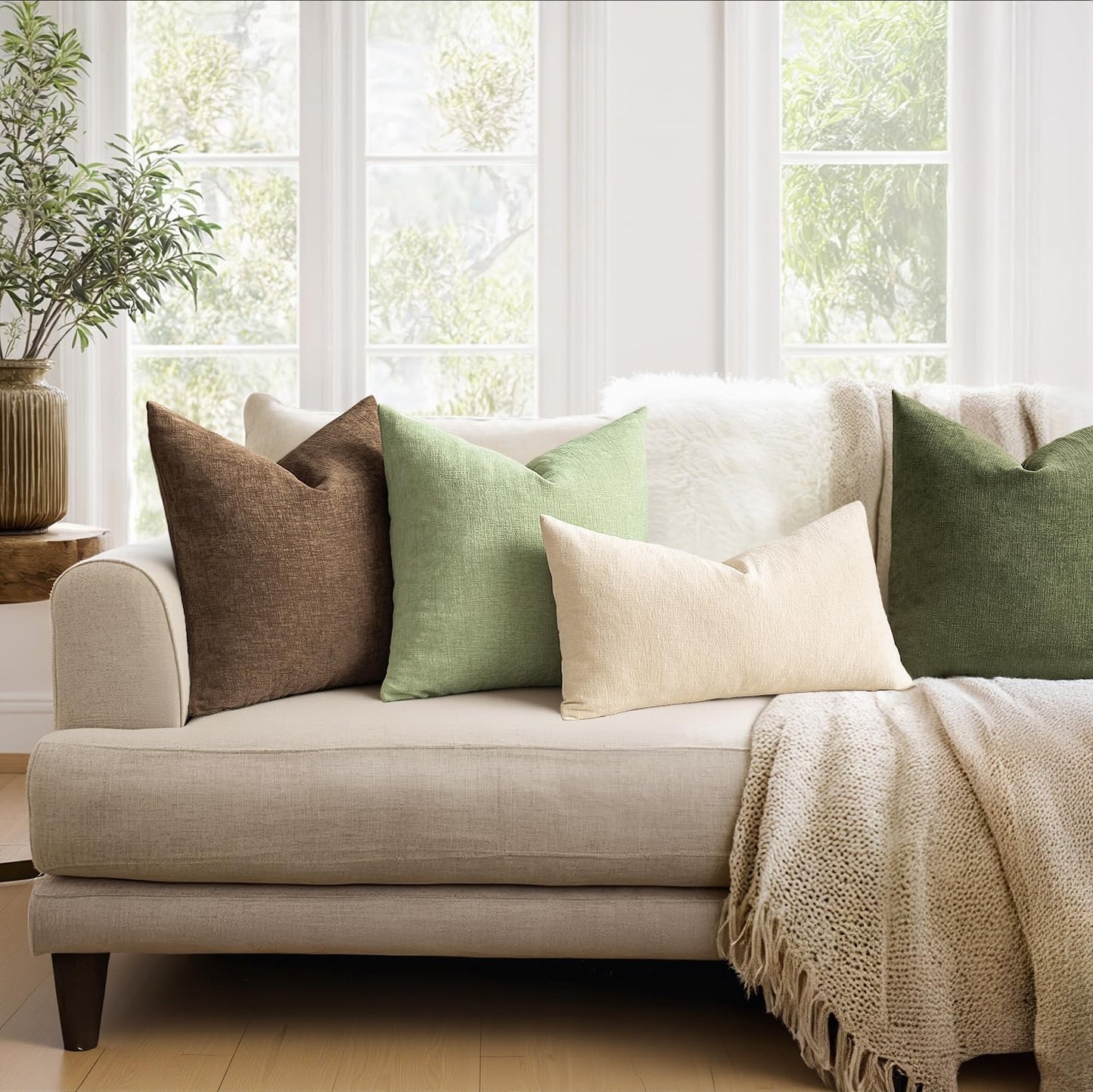 Sage Green Couch Pillow Covers 18X18 Inch, Set of 2 Soft Spring Chenille Decorative Square Throw Pillow Covers Farmhouse for Sofa Living Room Bed