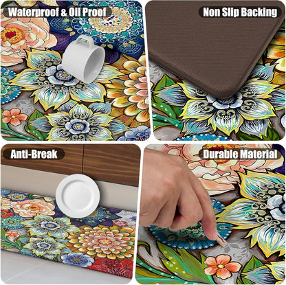 Boho Floral Kitchen Rugs Mats for Floor 2 Piece Memory Foam Padded Kitchen Mats anti Fatigue Non Slip Cushioned Comfort Standing Mat, 17.3X28+17.3X47 Inch