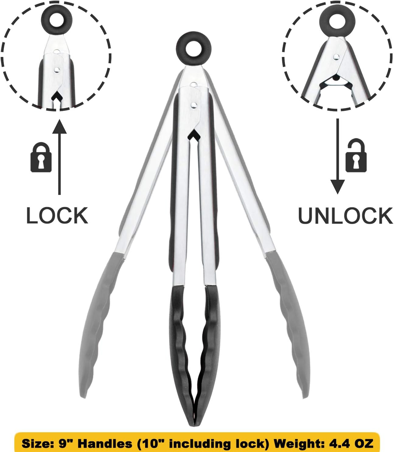 Serving Tongs 9-Inch Cooking Tongs with Silicone Tips, Set of 3 (Black)