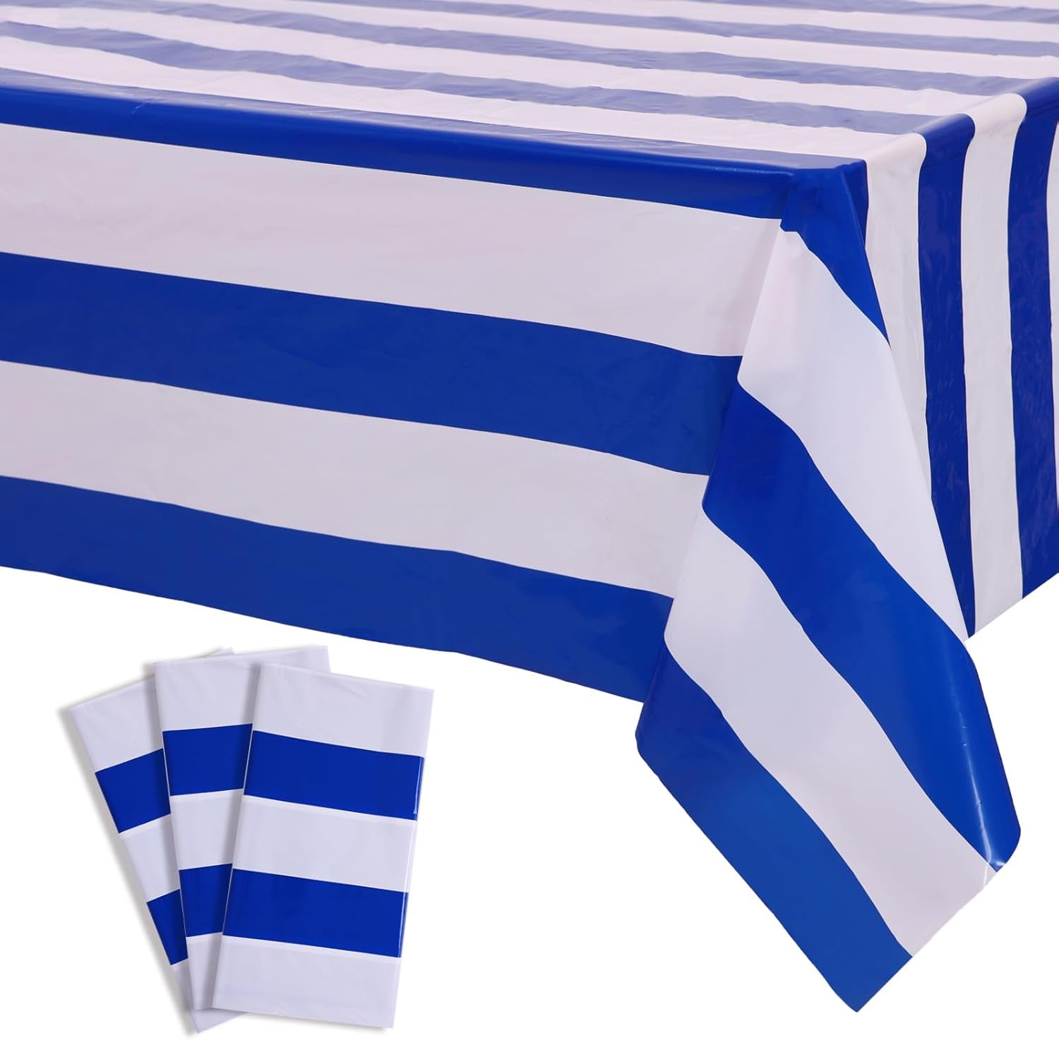 3 Packs Blue and White Vertical Striped Tablecloth 54 X 108 Inch Nautical Blue Stripe Plastic Table Cover Roll Waterproof Disposable Geometric Picnic Party Table Cloth for Dining Family Banquet