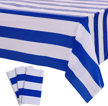 3 Packs Blue and White Vertical Striped Tablecloth 54 X 108 Inch Nautical Blue Stripe Plastic Table Cover Roll Waterproof Disposable Geometric Picnic Party Table Cloth for Dining Family Banquet