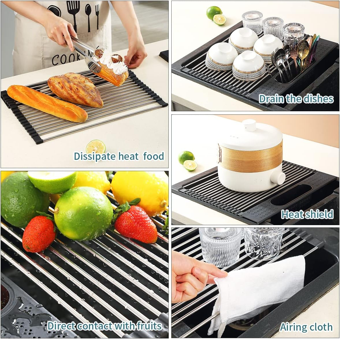 Over-the-Sink Dish Drying Rack, 17.5" x 15" Rollable Stainless Steel with Removable Storage Basket for Kitchen Use