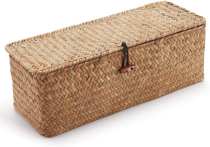 Seagrass Tank Basket with Lid Woven Toilet Roll Storage Basket with Sections Rectangular for Organize Snack Toys Tampon (Large Compartment 16.5Inch L X 5.5Inch W X 5.5Inch H) Natural