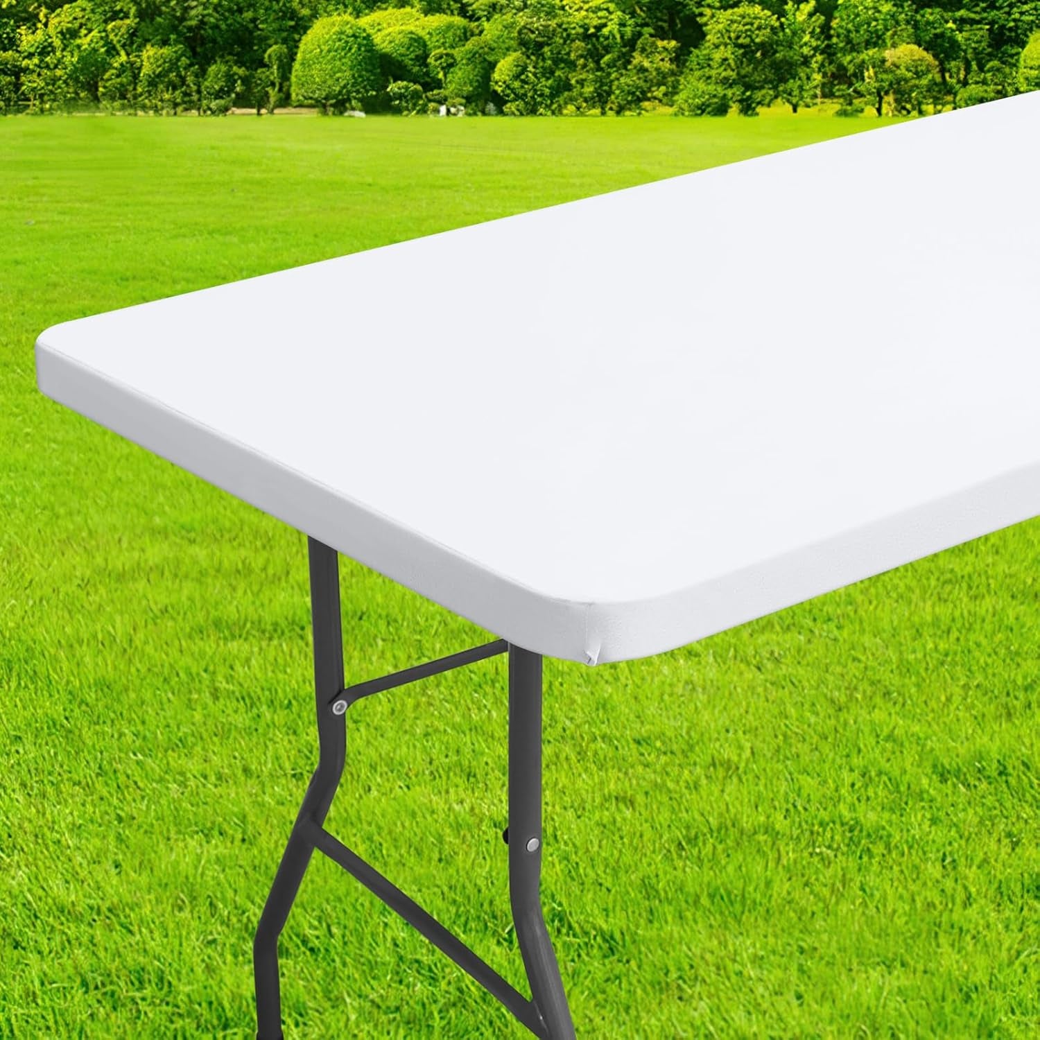Rectangle Table Cloth Cover, Waterproof Polyester Elastic Fitted Tablecloth, Fits for 6 Foot Folding Tables, Washable Table Protector for Picnic, Camping, Outdoor (White, 30" X 72")