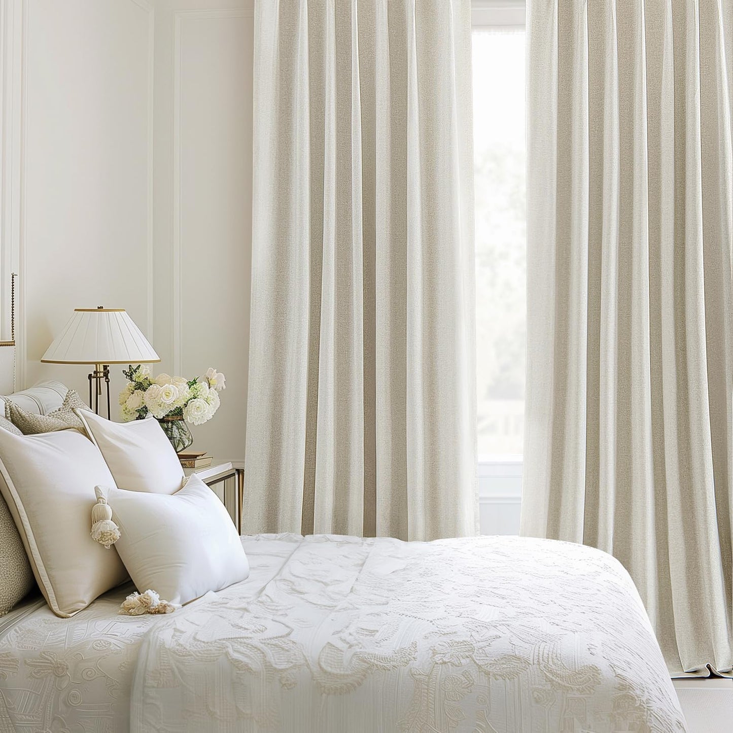 Linen Pinch Pleated 100% Blackout Curtains - 92 Inch Long, Set of 2 Panels, Back Tab Track Cream Darkening Drapes with Hooks for Bedroom and Living Room