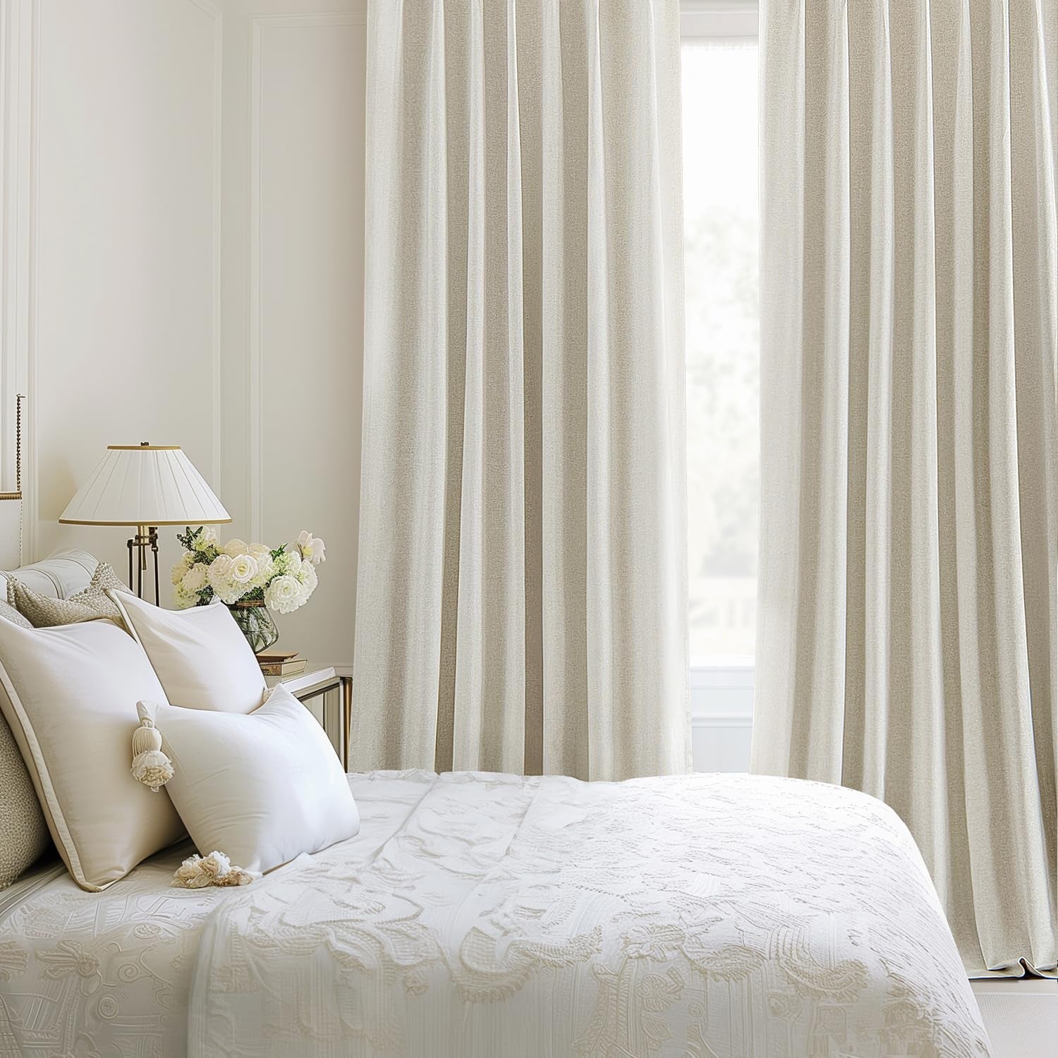 Linen Pinch Pleated 100% Blackout Curtains - 92 Inch Long, Set of 2 Panels, Back Tab Track Cream Darkening Drapes with Hooks for Bedroom and Living Room