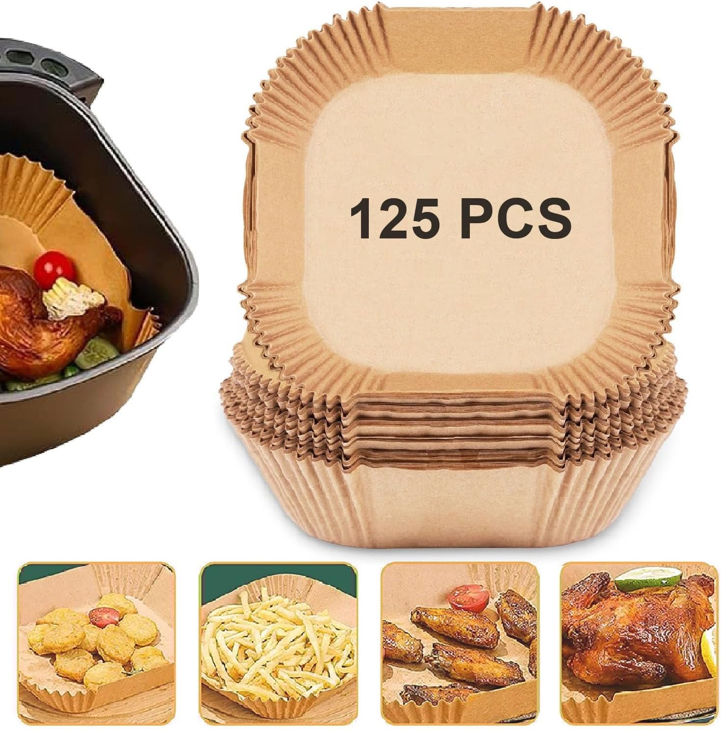Air Fryer Paper Liners, 125PCS Non-Stick Disposable Liners, Baking Paper for Air Fryer Oil-Proof, Water-Proof, Food Grade Parchment for Baking Roasting Microwave (8Inch-Square)