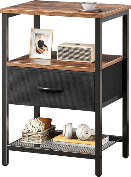 Rustic Brown and Black Nightstand with Fabric Drawer and Mesh Shelf, Metal Frame Side Table for Bedroom and Living Room
