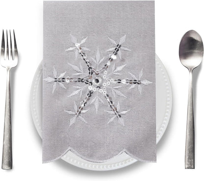 Christmas Table Napkins Cloth Set of 4, Embroidered Snowflake Napkins 18X18 Inch, Silver Napkins Glittering Sequins for Dinner, Xmas Holiday Napkins for Familiy Dinning, Grey, Machine Washable