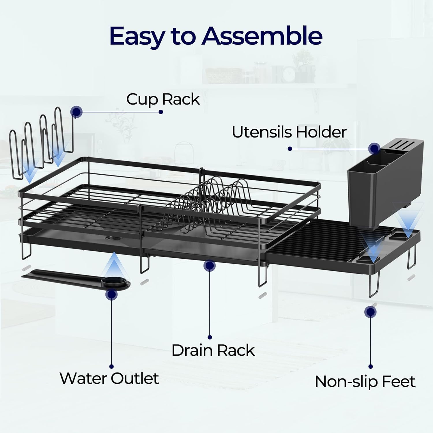Large Dish Drying Rack - Extendable Dish Rack for Kitchen Counter, Multifunctional Dish Drainer with Drainboard Set, Dishrack with Utensil Holder & Cup Holder, 13.4"-28.7" L X 11.8" W, Black