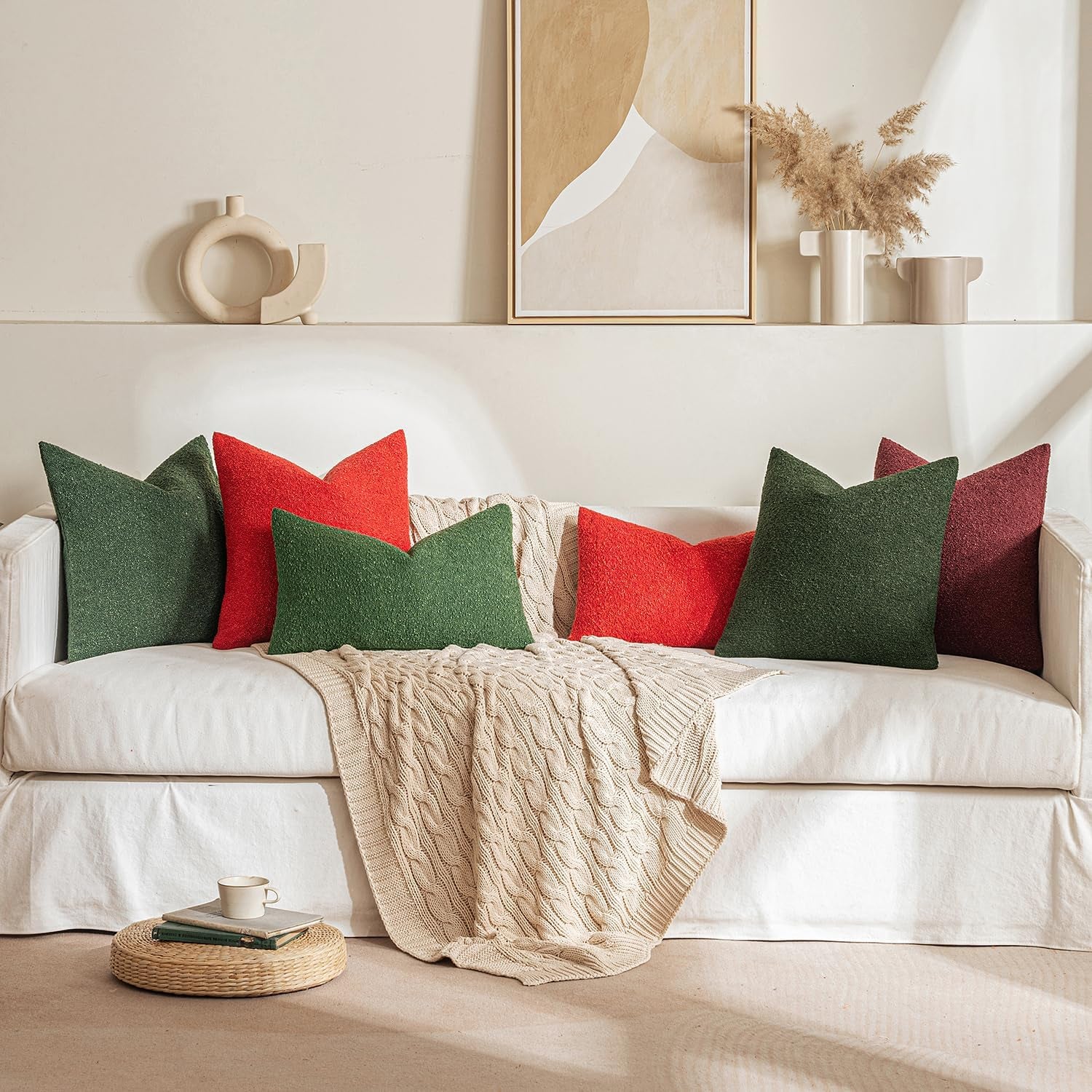 Textured Boucle Lumbar Pillow Cover in Christmas Red - Decorative Soft Accent Cushion for Couch, Chair, and Bedroom - 18x18 Inch, Single Pack