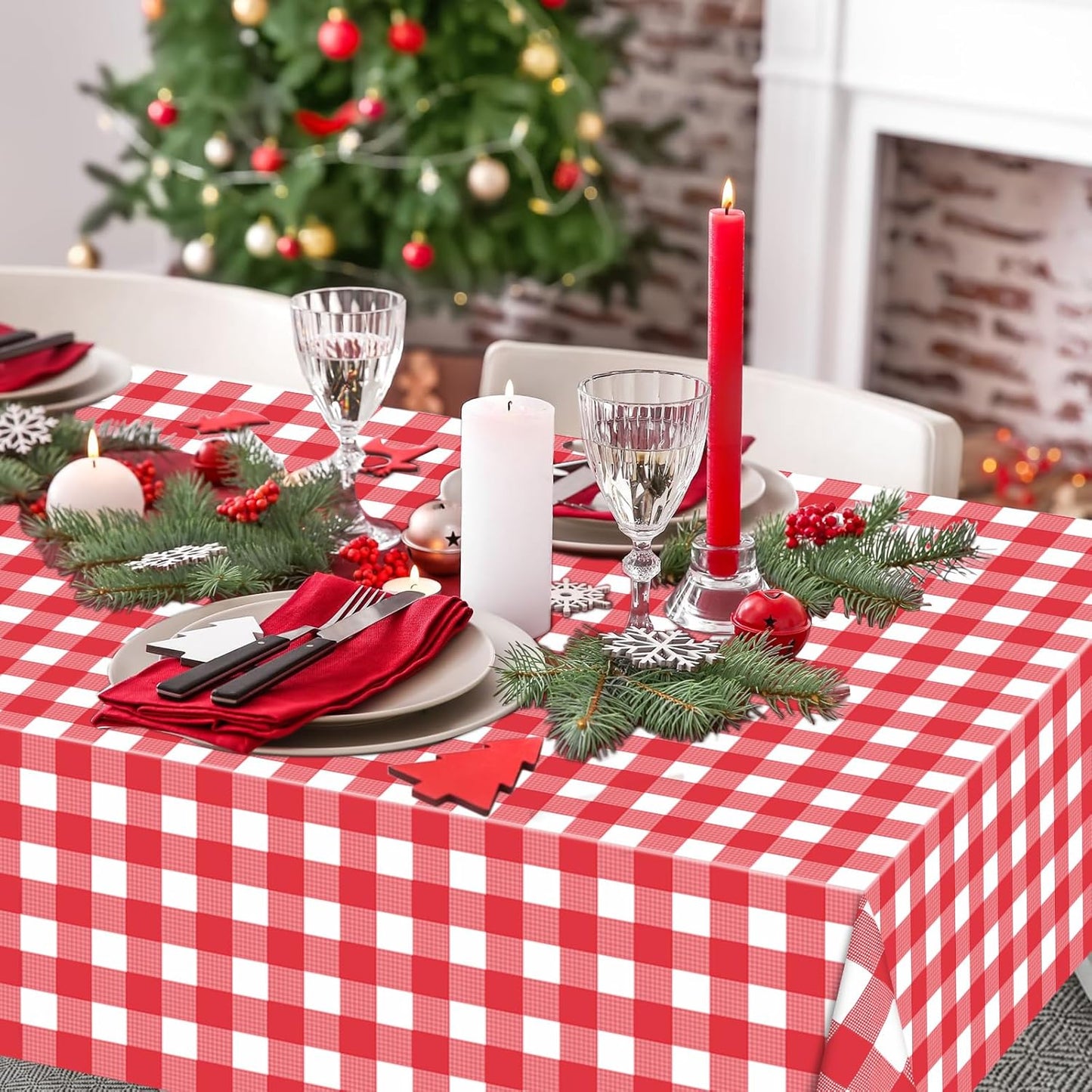2 Pack Red Gingham Tablecloth Rectangular Red and White Checkered Tablecloths Disposable Plastic Red Plaid Table Cover for Parties, Christmas, Outdoor Picnic, Birthday, Wedding, Camping 54 × 108