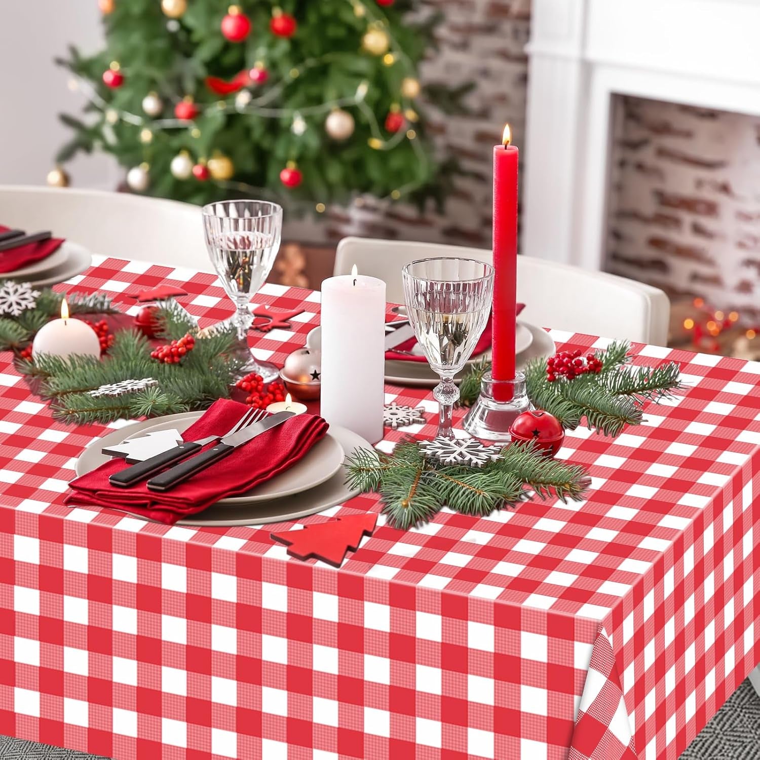 2 Pack Red Gingham Tablecloth Rectangular Red and White Checkered Tablecloths Disposable Plastic Red Plaid Table Cover for Parties, Christmas, Outdoor Picnic, Birthday, Wedding, Camping 54 × 108