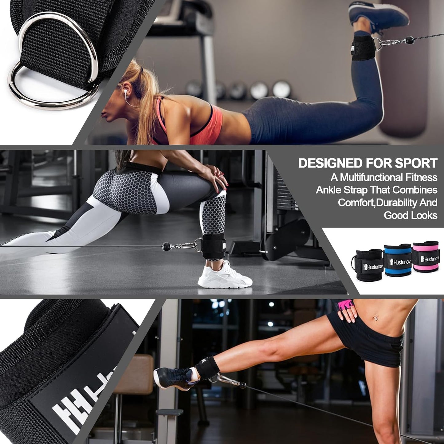 Ankle Strap for Cable Machine, Adjustable Cable Kick Back Ankle Strap with Neoprene Padding, Double D-Rings Design Ankle Resistance Band