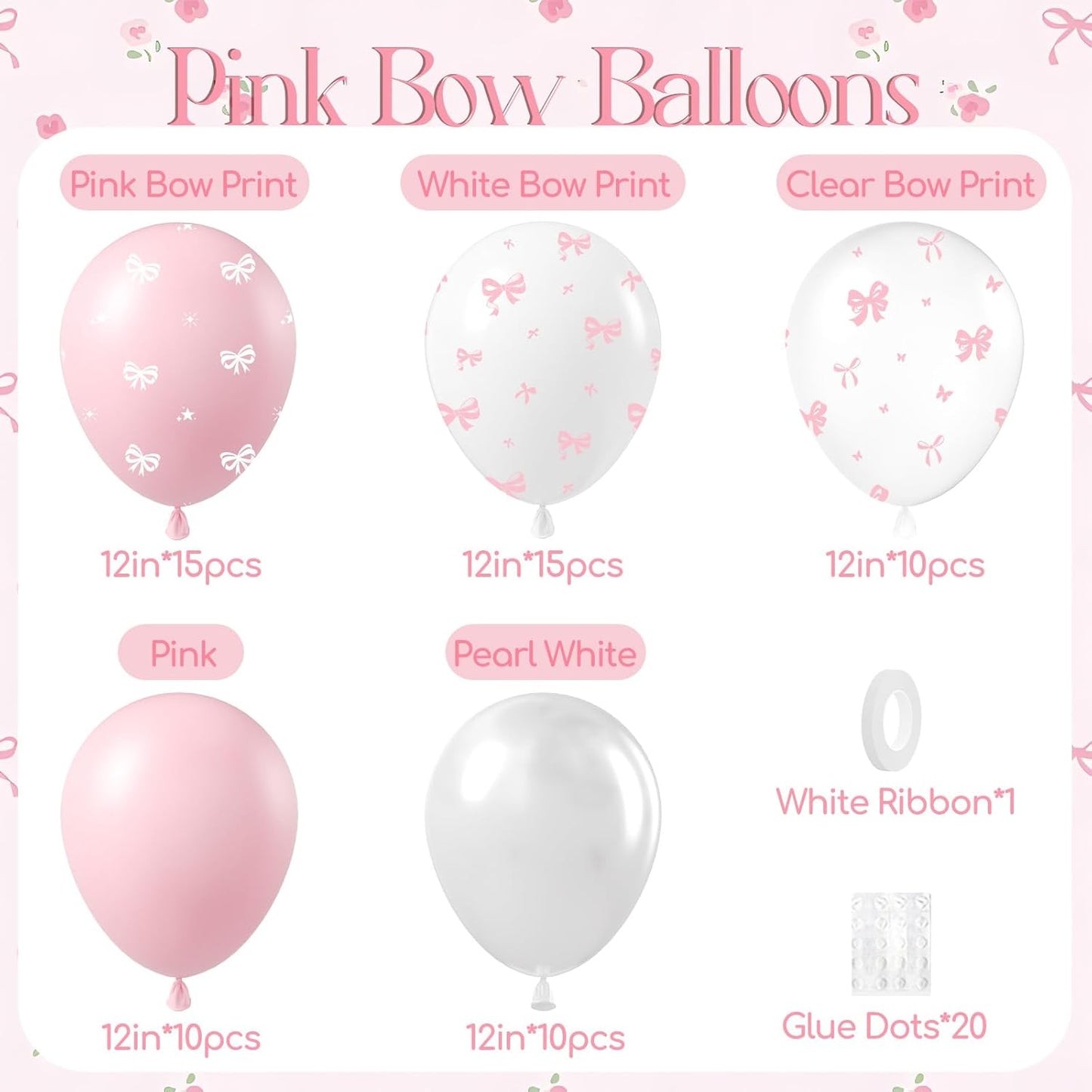 60Pcs Pink Bow Balloons 12Inch with Pink White Clear Bow Balloons for Pink Coquette Wedding Baby Shower Birthday Party Decorations