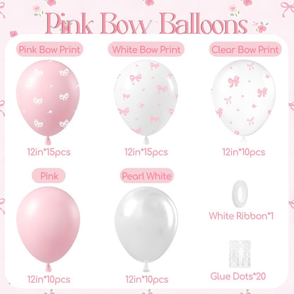 60Pcs Pink Bow Balloons 12Inch with Pink White Clear Bow Balloons for Pink Coquette Wedding Baby Shower Birthday Party Decorations
