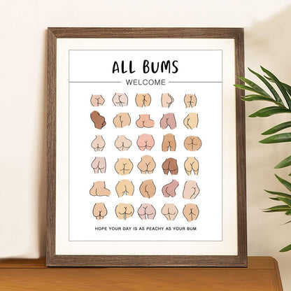 Body Positive Wall Art, Funny Bathroom Art, Self Love Print, All Bums Welcome, Cute Bathroom Butts, Bum Collage, Bathroom Wall Decor, No Framed (8X10 INCH)