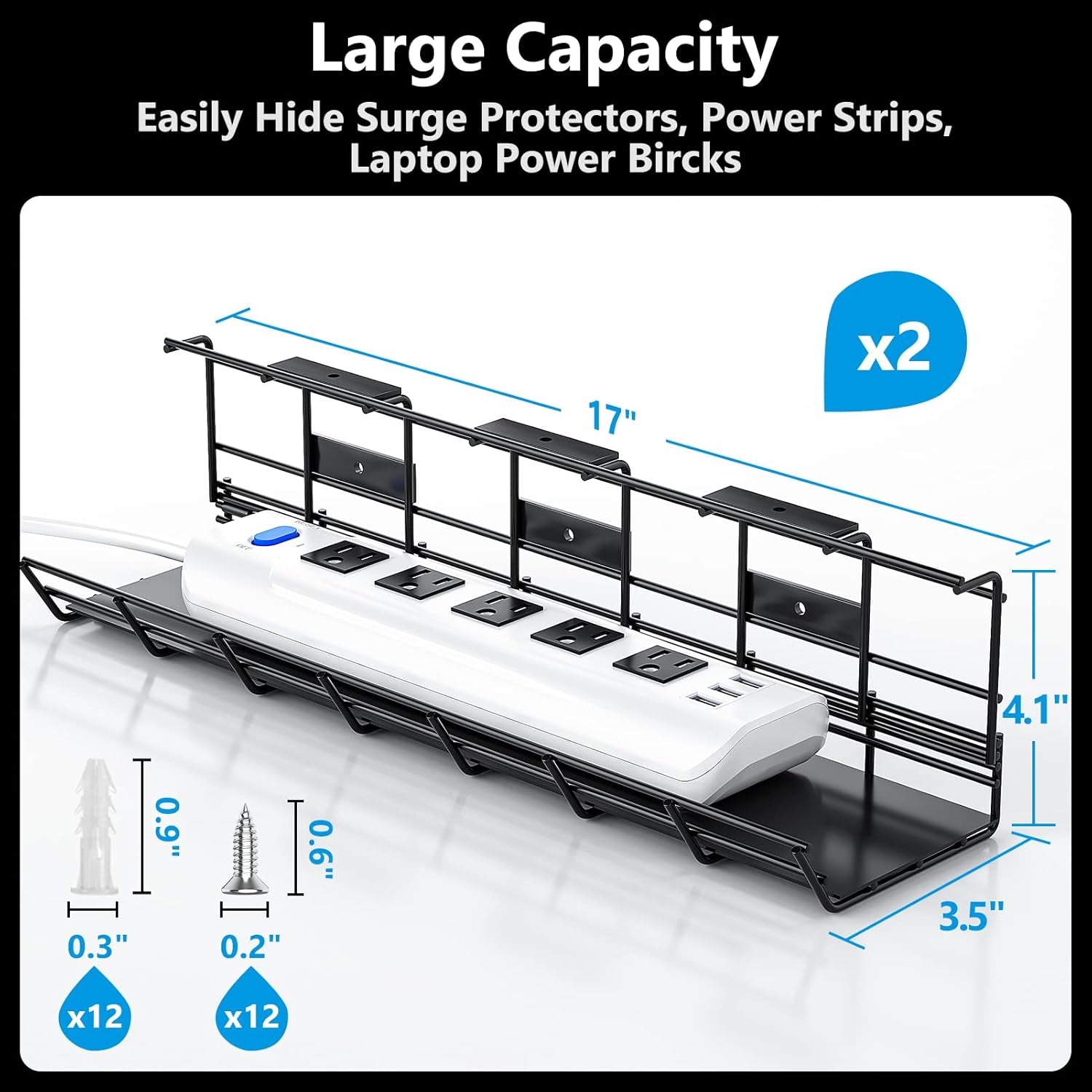 2 Pack  under Desk Cable Management Tray, Metal Cord Cable Organizer for Desk, Easy Install Pre-Drilled Wire Management Wire Organizer for Office & Home