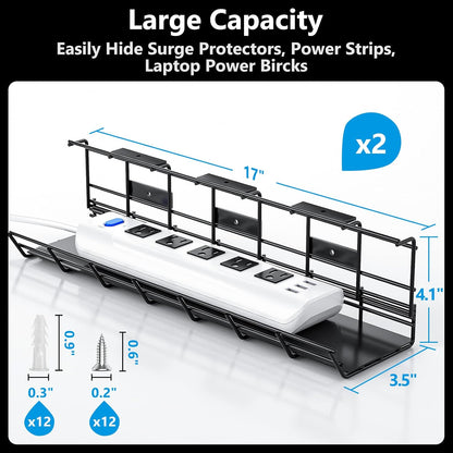 2 Pack  under Desk Cable Management Tray, Metal Cord Cable Organizer for Desk, Easy Install Pre-Drilled Wire Management Wire Organizer for Office & Home