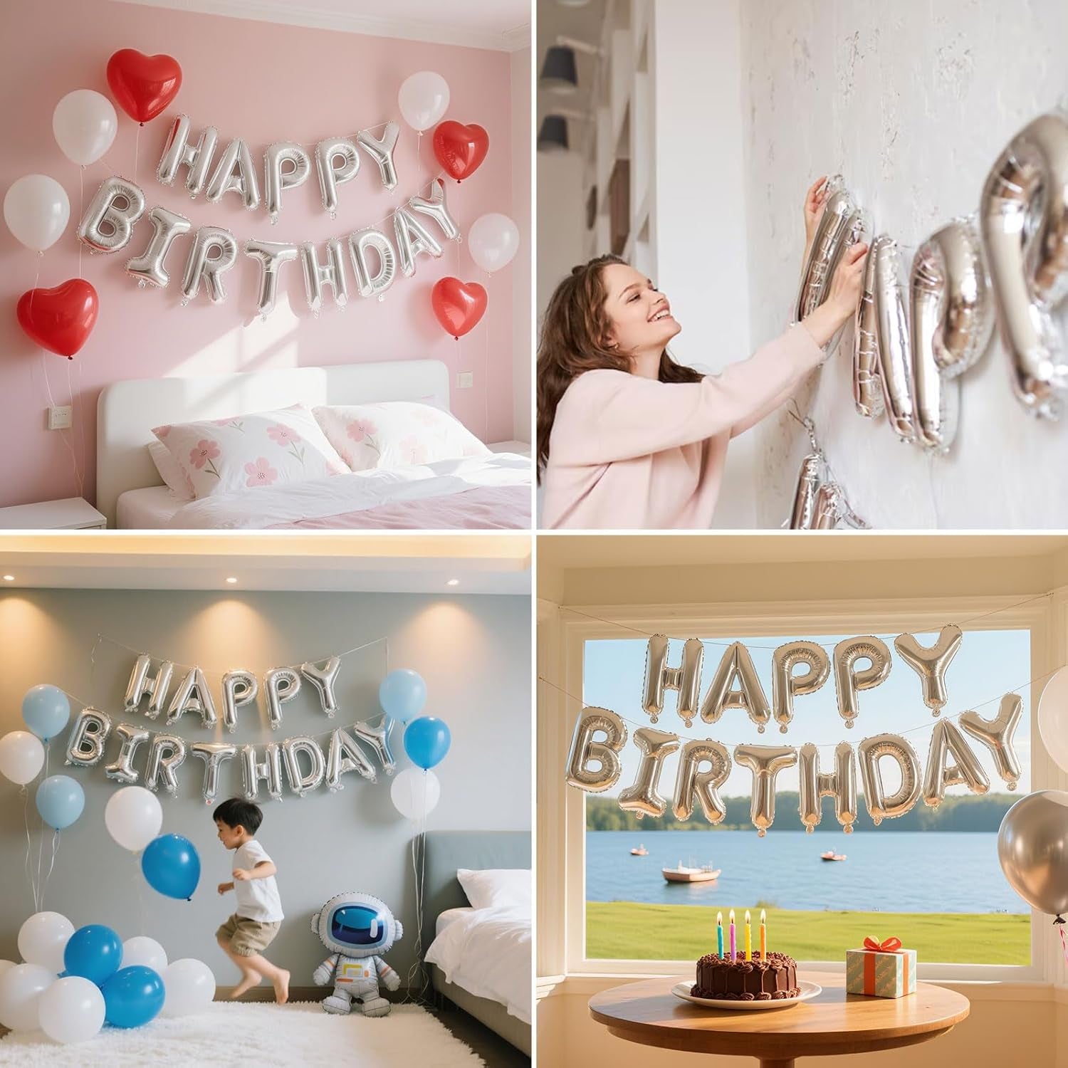Silver Happy Birthday Banner, 13Pcs Mylar Foil 3D Letter Balloons Happy Birthday Sign Balloon for Wall Backdrop Baby Shower Welcome Party Supplies and Decorations for Women, Men, Boys & Girls