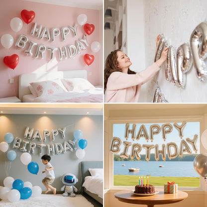Silver Happy Birthday Banner, 13Pcs Mylar Foil 3D Letter Balloons Happy Birthday Sign Balloon for Wall Backdrop Baby Shower Welcome Party Supplies and Decorations for Women, Men, Boys & Girls