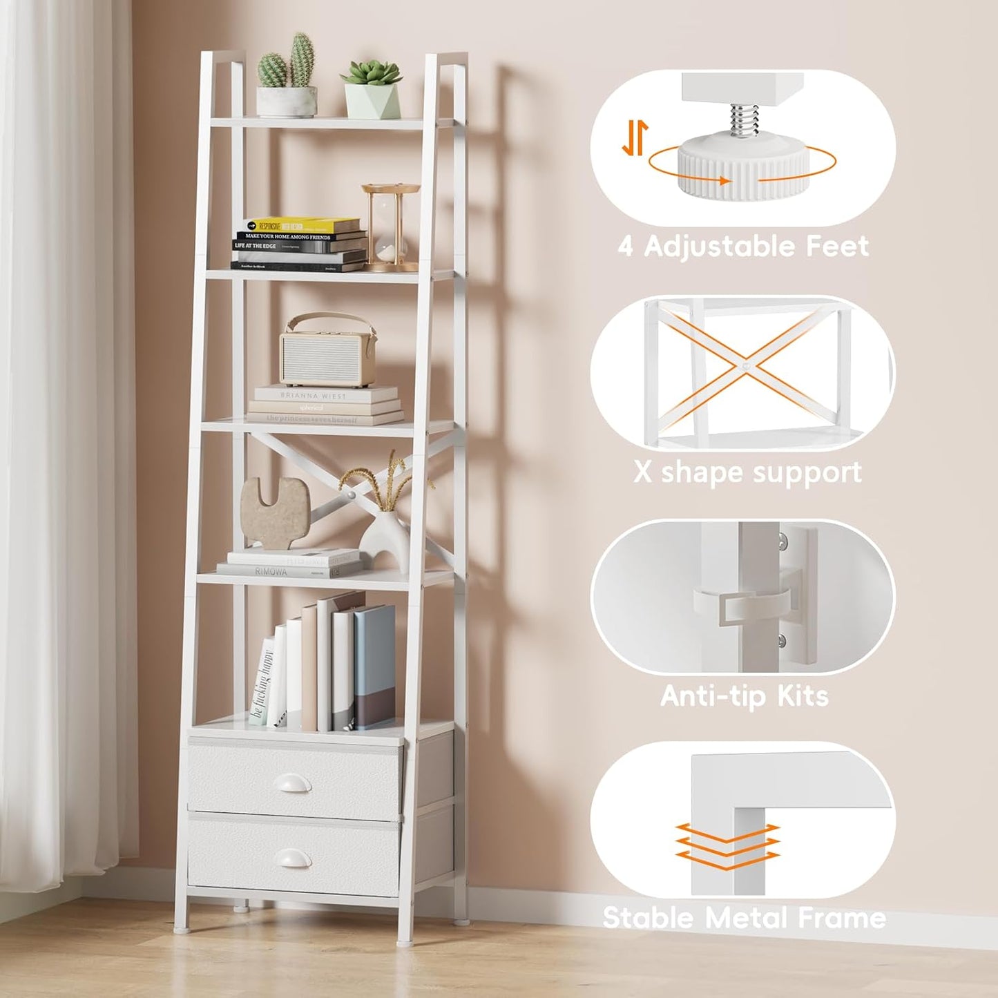 5-Tier Ladder Shelf with 2 Drawers,Narrow Bookshelf Storage Shelves,Industrial Bookcase Freestanding Rack Units for Bedroom,Living Room,Bathroom,Home Office,Balcony,Wood Metal, White