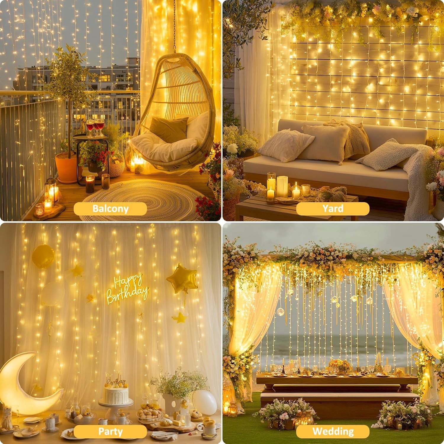 200 LED Curtain Lights for Bedroom, Warm White Hanging Curtain String Lights Indoor, USB Plug in Dorm Twinkle Lights with Remote for Wall Backdrop Wedding Birthday Party Decor, 6.5Ft X 6.5Ft
