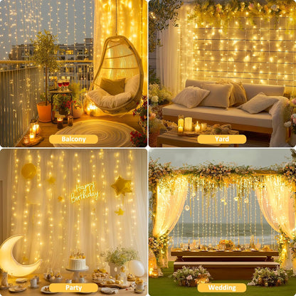 200 LED Curtain Lights for Bedroom, Warm White Hanging Curtain String Lights Indoor, USB Plug in Dorm Twinkle Lights with Remote for Wall Backdrop Wedding Birthday Party Decor, 6.5Ft X 6.5Ft