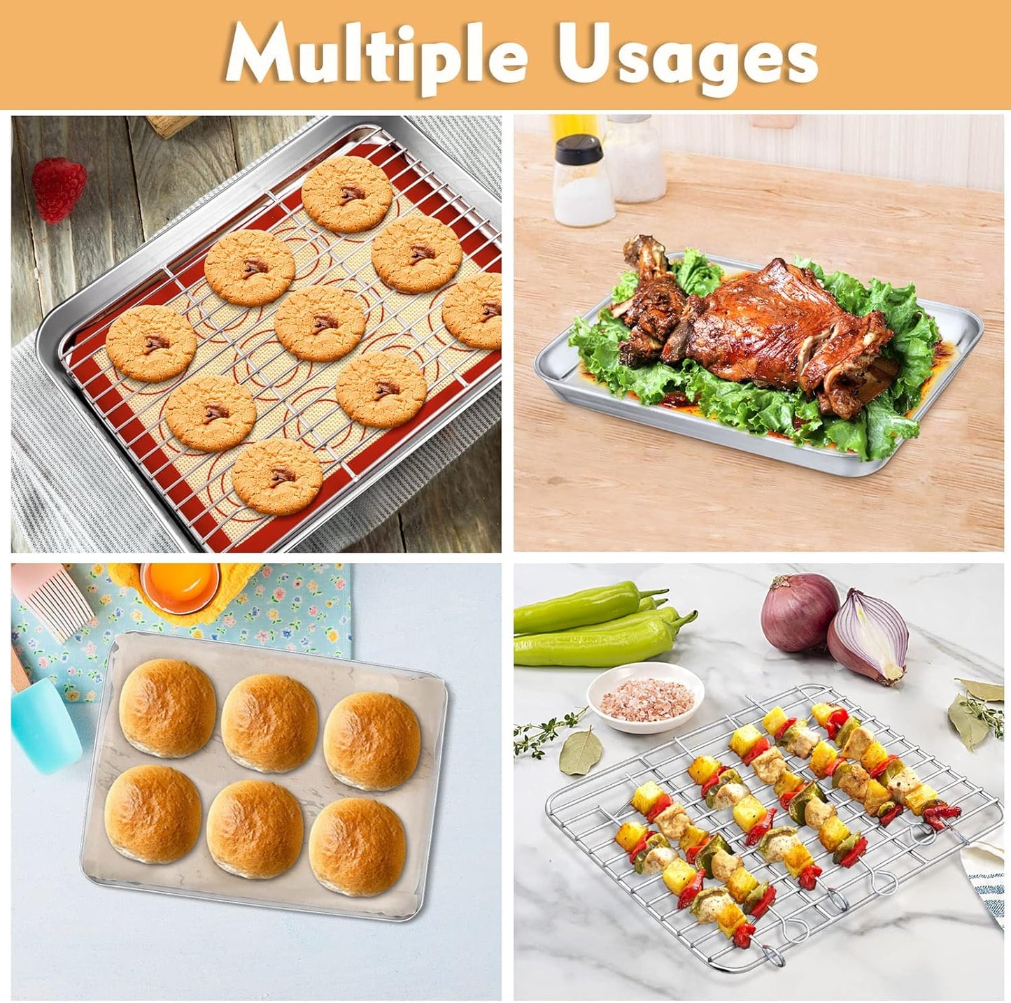 9 Inch Baking Oven Sheet Pan with Rack & Mat for Cookie, Stainless Steel Oven Sheet Tray Cooling Rack and Silicone Mat for Baking & Roasting, Dishwasher Safe & Healthy, 3Pcs