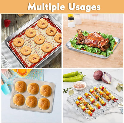 9 Inch Baking Oven Sheet Pan with Rack & Mat for Cookie, Stainless Steel Oven Sheet Tray Cooling Rack and Silicone Mat for Baking & Roasting, Dishwasher Safe & Healthy, 3Pcs
