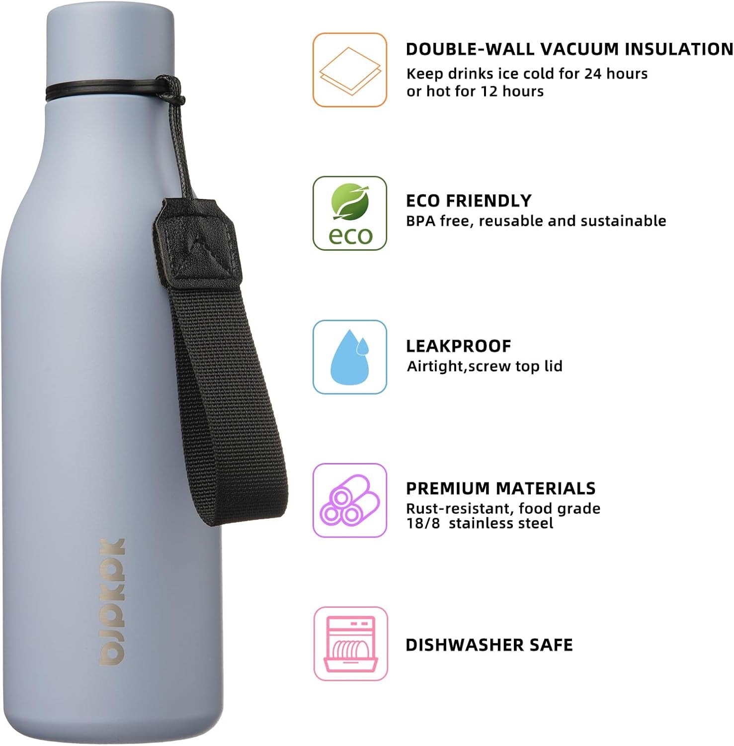 Insulated Water Bottles, 18 Oz Stainless Steel Metal Water Bottle with Strap, BPA Free Leak Proof Thermo, Mugs, Flasks, Reusable Thermo for Sports & Travel, Mist Grey