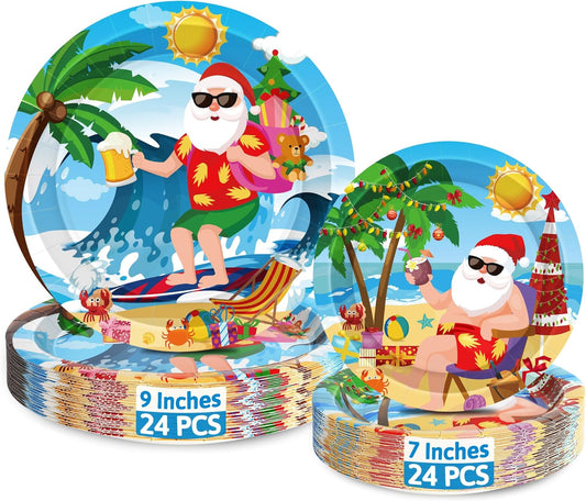 48Pcs Christmas in Summer Plates, Disposable 7 Inch and 9 Inch round Tableware Set, Xmas Tropical Holiday Decorations, Summer Christmas Paper Plates for July Christmas Beach Picnics Party