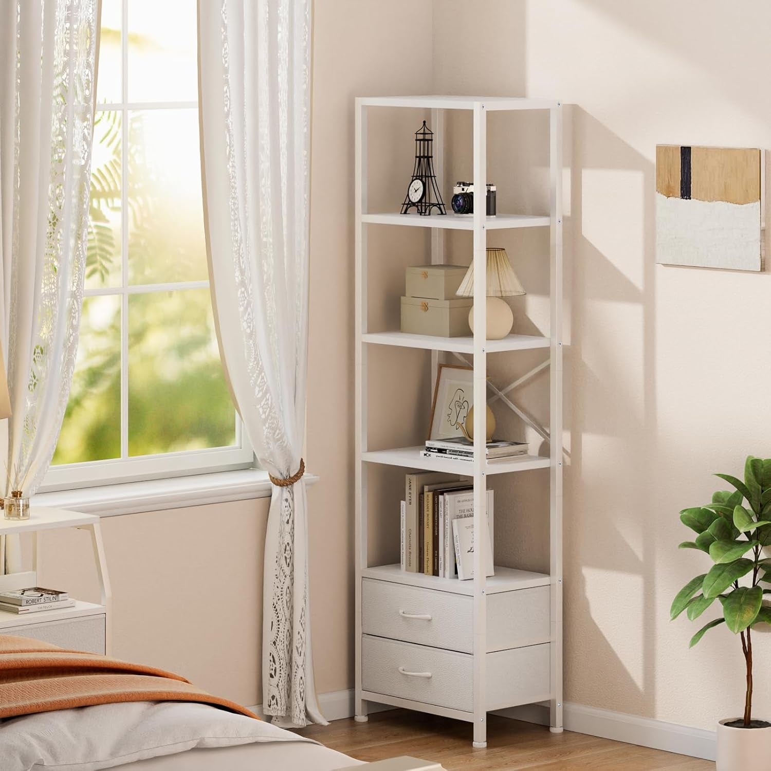 5-Tier Corner Shelf with 2 Storage Drawers, Tall Wood Display Bookcase and Organizer Unit for Living Room and Bedroom, Metal Frame (White)
