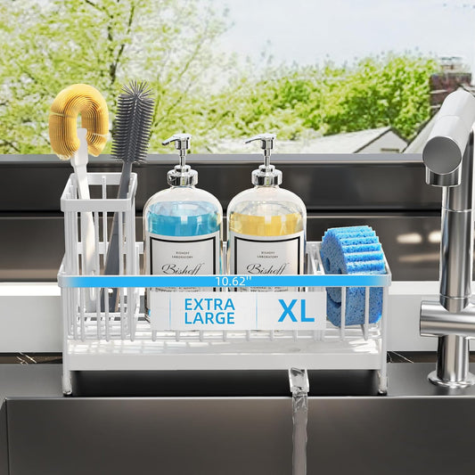 Extra Large Kitchen Sink Caddy, Rustproof Sponge Holder for Kitchen Sink with High Brush Holder, Stainless Steel White Kitchen Caddy Sink Countertop Organizer, Sponge Caddy for Kitchen Sink