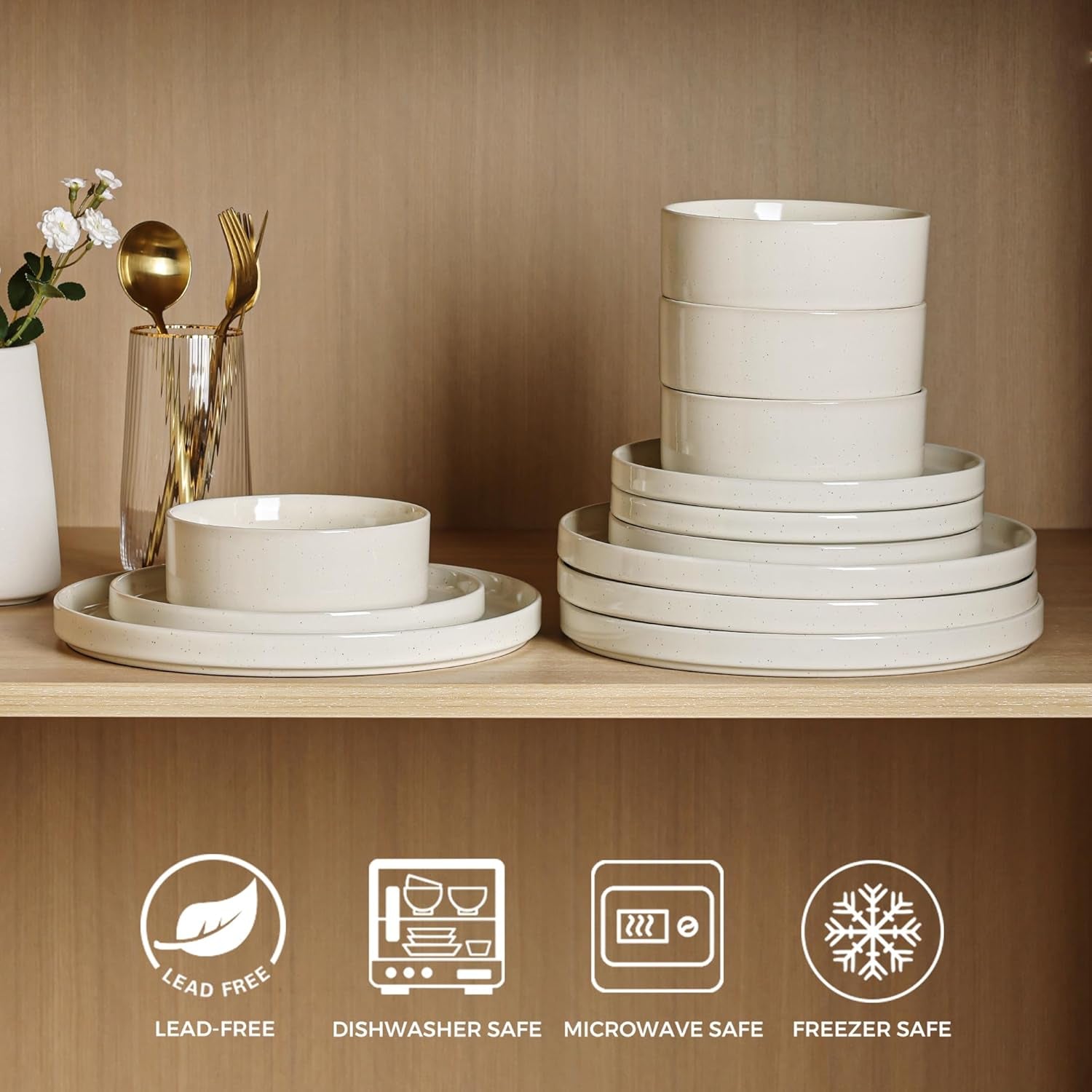 12-Piece Speckled Dinnerware Set for 4, Chip and Scratch Resistant Stoneware Plates and Bowls with Glazed Bottom, Dishwasher and Microwave Safe, Multi-Color