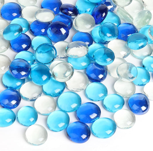 0.97 Pounds, Flat Glass Marbles, Blue Mixed Gemstone Vase Fillers Beads Decorative Glass Pebbles Floral Fish Tank Rocks for Vases Table Scatter Aquarium Decor