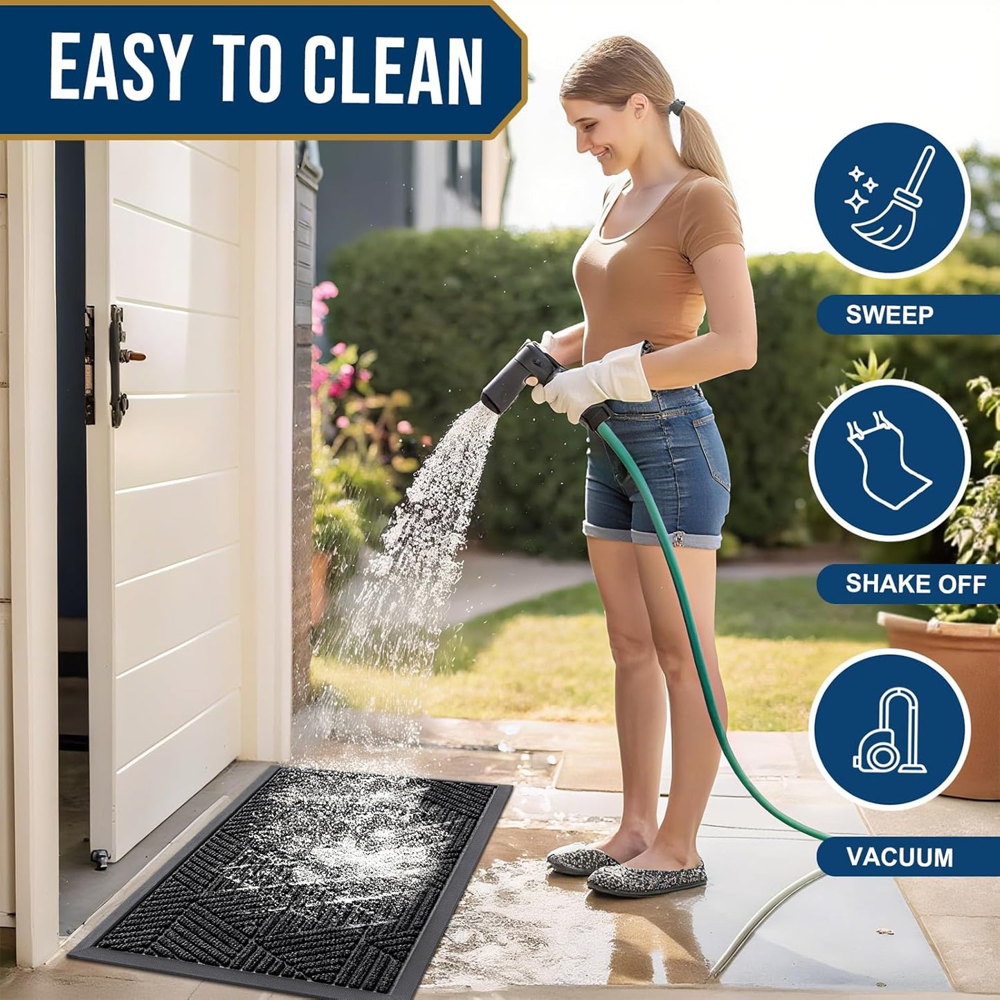 Front Door Mat outside Entrance, Sturdy Natural Dirt Trapper, Heavy Duty Rubber Doormat, Low Profile Non-Slip Backing, Easy Clean Floor Mat for Indoor Outdoor Entry, 29.5X17 Inch, Black
