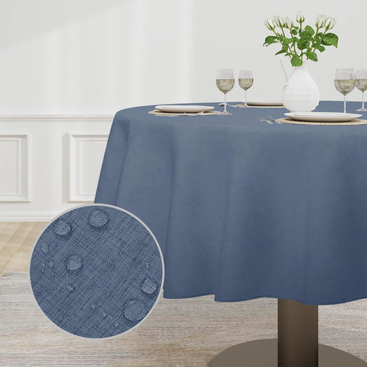 Faux Linen Waterproof Spill-Proof Tablecloth Stain Resistant round Table Cloth Wrinkle Free Decorative Fabric for Kitchen, Dining, Party, Weddings, Restaurants (60 In-Round, Denim Blue)