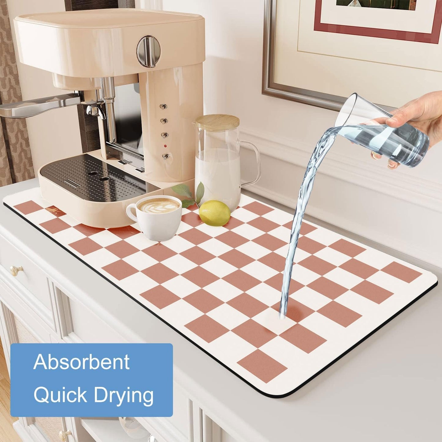 Coffee Mats, 19"X12" Checkered Dish Drying Mat for Kitchen Counter, Quick Dry Mat, Diatomite Absorbent Aesthetic Large Drying Mats for Coffee Bar - Beige