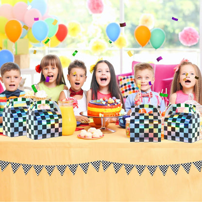 24 Pcs Iridescent Checkered Race Car Party Favor Gable Boxes, Paper Black and Iridescent Car Goodie Treat Boxes, Racecar Laser Plaid Gift Box for Kids Fast Race Cars Birthday Party Decorations