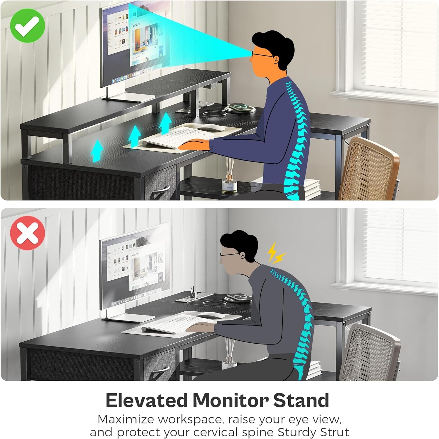 47-Inch Reversible L-Shaped Computer Desk with LED Lighting, Power Outlets, Shelves, Monitor Stand, Drawer, and Corner Design for Home Office and Gaming, Black