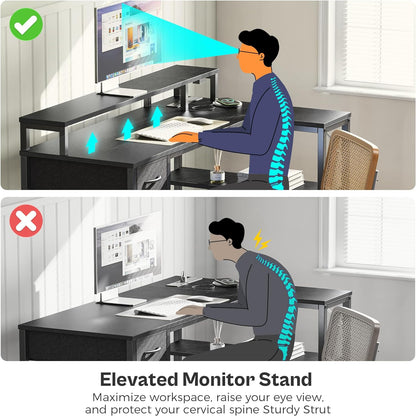 47-Inch Reversible L-Shaped Computer Desk with LED Lighting, Power Outlets, Shelves, Monitor Stand, Drawer, and Corner Design for Home Office and Gaming, Black